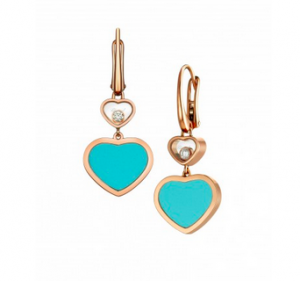 CapturHappy Hearts, boucles d'oreilles pendantes intemporelles luxe , turquoise, or rose, diamants mobiles Chopard