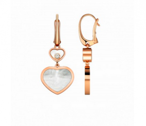 Happy Hearts, boucles d'oreilles pendantes intemporelles luxe , nacre, or rose, diamants mobiles Chopard